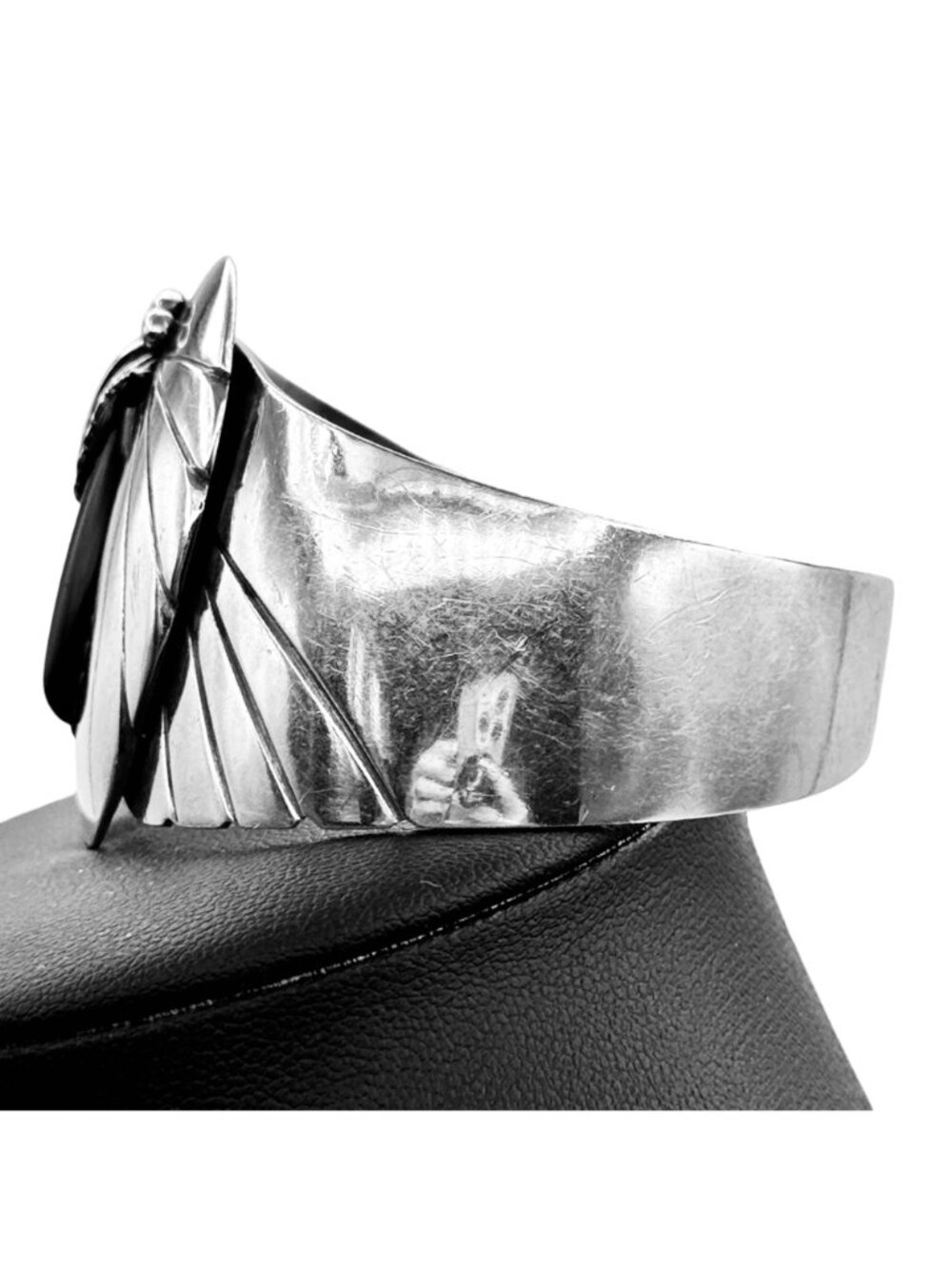 Southwestern Cuff Bracelet Sterling Silver Black Onyx By RMJ 44g Modern Design - Picture 5 of 12